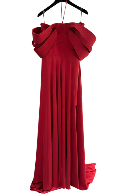 CREPE DRESS WITH STRUCTURED BOW-LIKE COLLAR AND SLIT