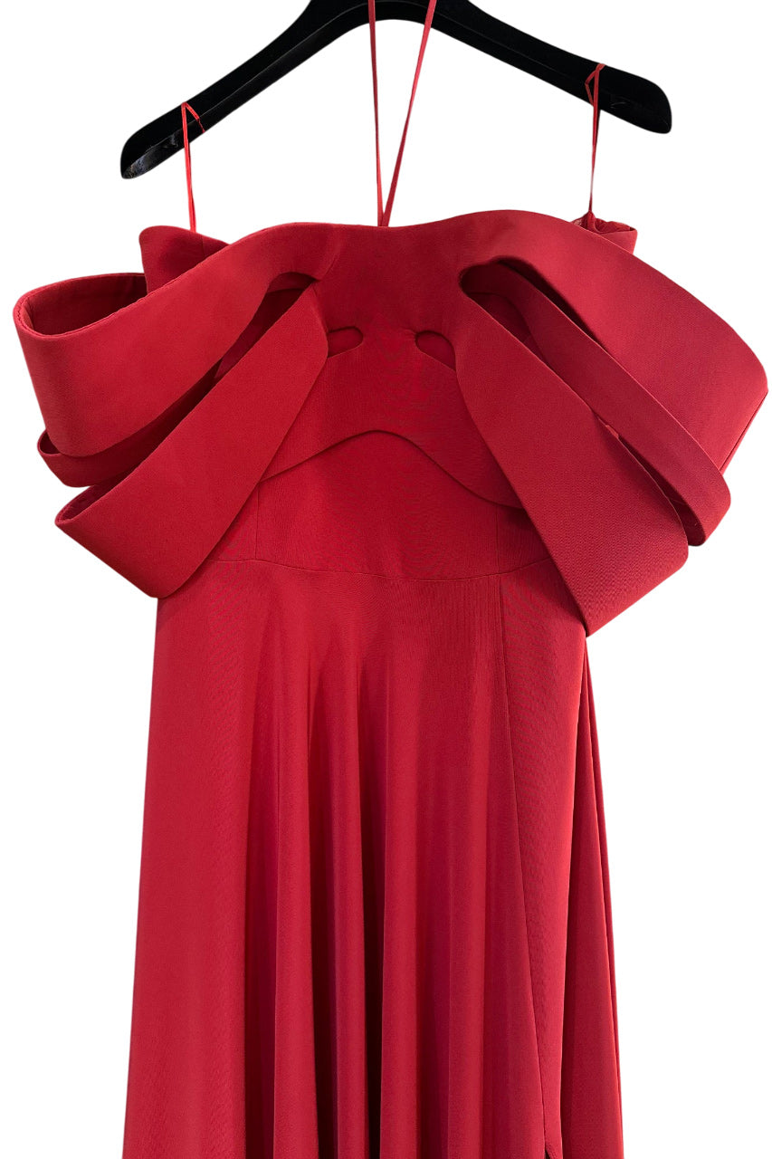 CREPE DRESS WITH STRUCTURED BOW-LIKE COLLAR AND SLIT