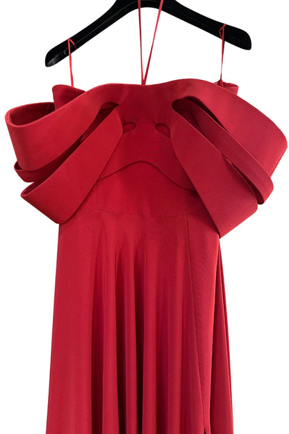 CREPE DRESS WITH STRUCTURED BOW-LIKE COLLAR AND SLIT