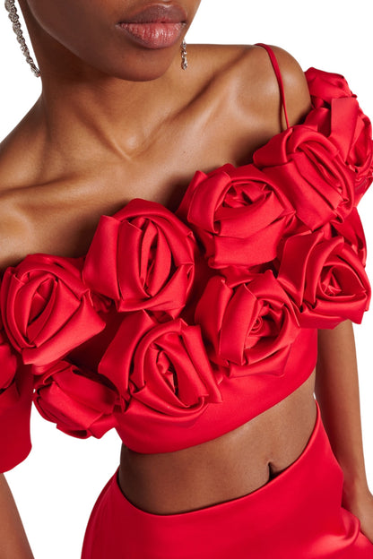 CROPPED FLOWER EMBELLISHED SATIN TOP
