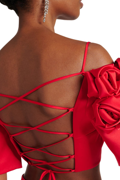 CROPPED FLOWER EMBELLISHED SATIN TOP