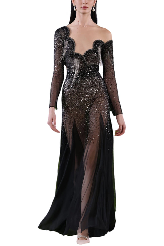 CRYSTAL-EMBELLISHED ASYMMETRIC GEORGETTE MAXI DRESS