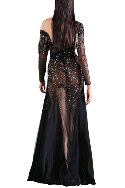 CRYSTAL-EMBELLISHED ASYMMETRIC GEORGETTE MAXI DRESS