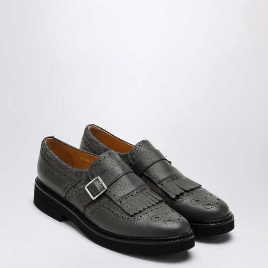 Grey Leather Shoes With Buckle And Fringes