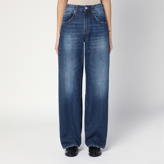Wide-leg Pop Blue Jeans With Washed Effect