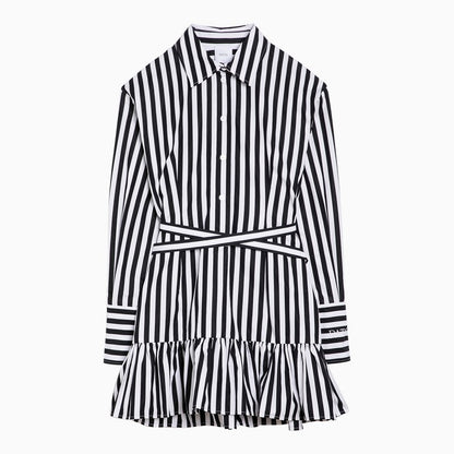 Black/white striped cotton mini chemisier dress