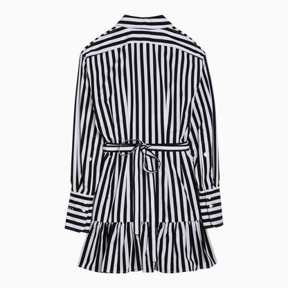 Black/white striped cotton mini chemisier dress