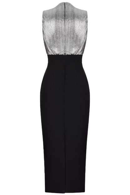 DRAPED PLEATED JERSEY & CREPE MIDI DRESS