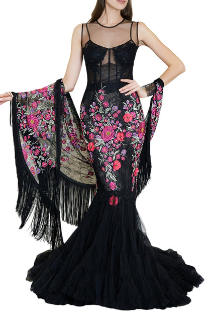 EMBROIDERED LACE AND TULLE GOWN