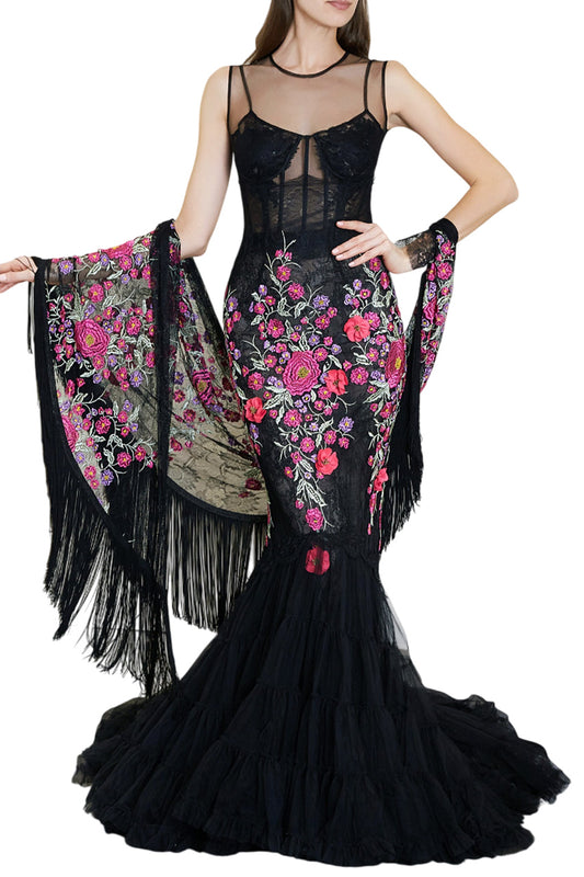 EMBROIDERED LACE AND TULLE GOWN