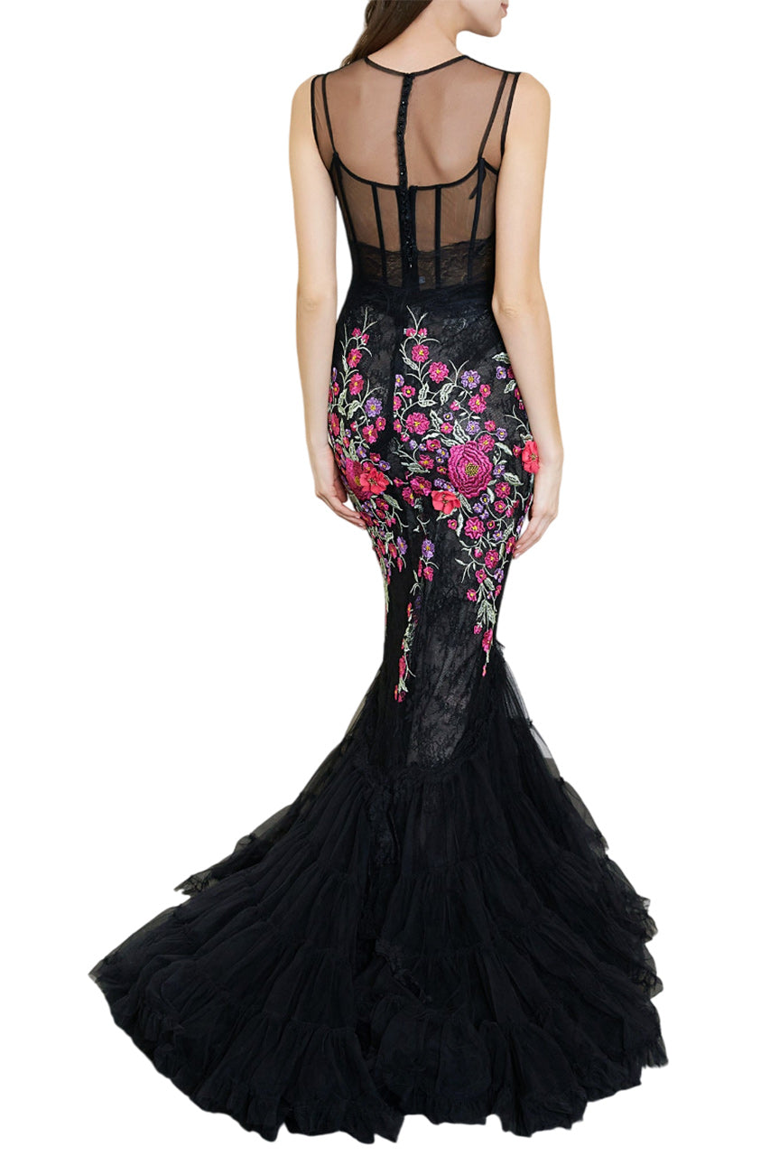 EMBROIDERED LACE AND TULLE GOWN