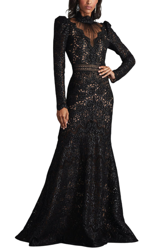 ENZO SEQUIN EMBROIDERED HIGH NECK ILLUSION GOWN