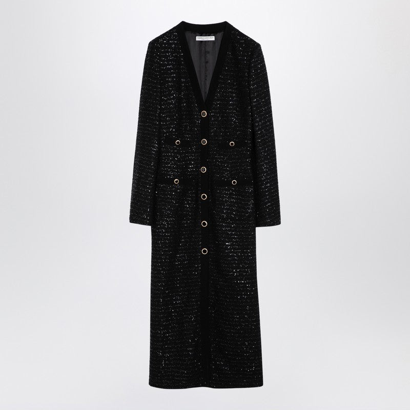 Black Sequin Tweed Midi Dress With Buttons