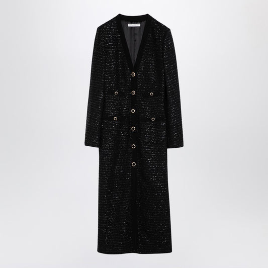 Black Sequin Tweed Midi Dress With Buttons