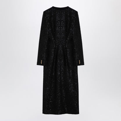 Black Sequin Tweed Midi Dress With Buttons