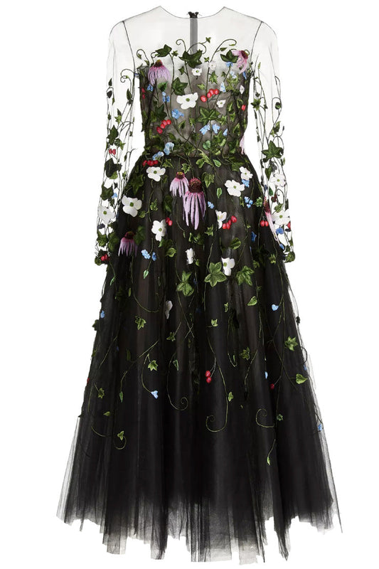 FLORAL THREADWORK MIDI DRESS