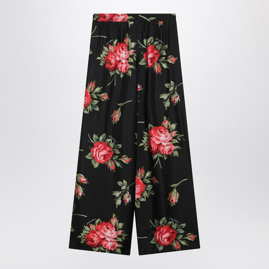 Wide twill trousers with rose bouquet print