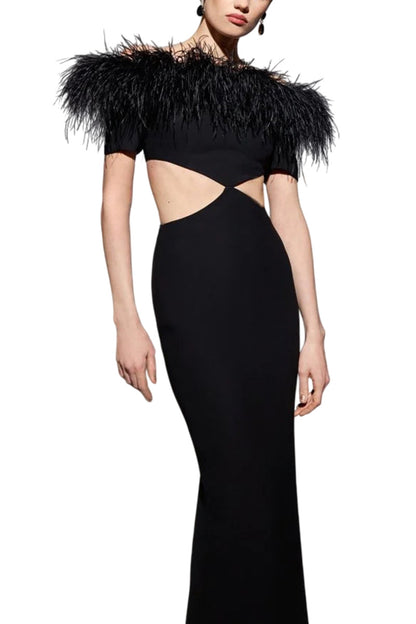 FEATHER CREPE MAXI DRESS WITH CUTOUTS