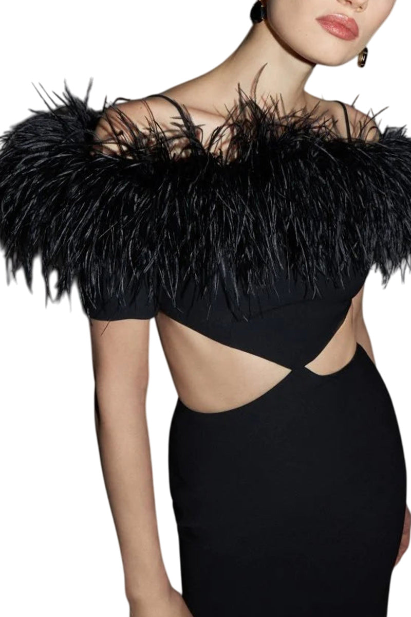 FEATHER CREPE MAXI DRESS WITH CUTOUTS