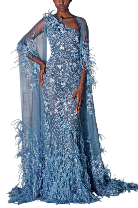 FEATHERS EMBROIDERED BLUE TULLE DRESS