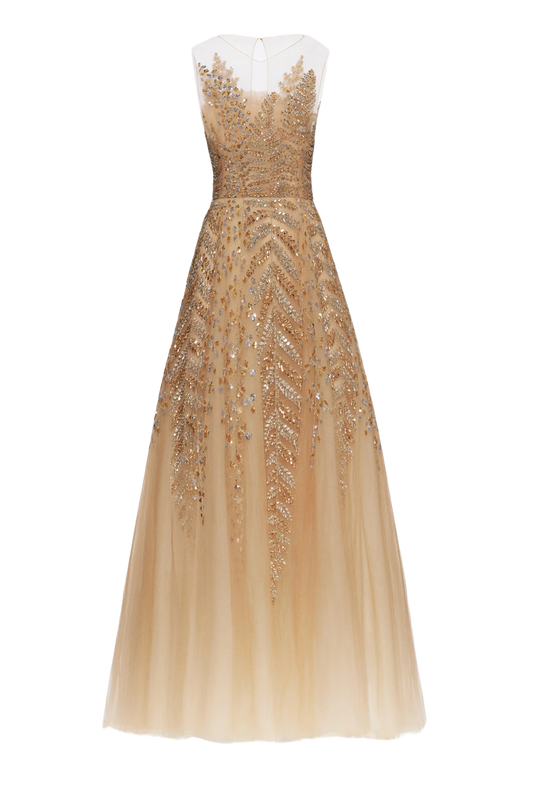 FERN EMBROIDERED ILLUSION COCKTAIL DRESS