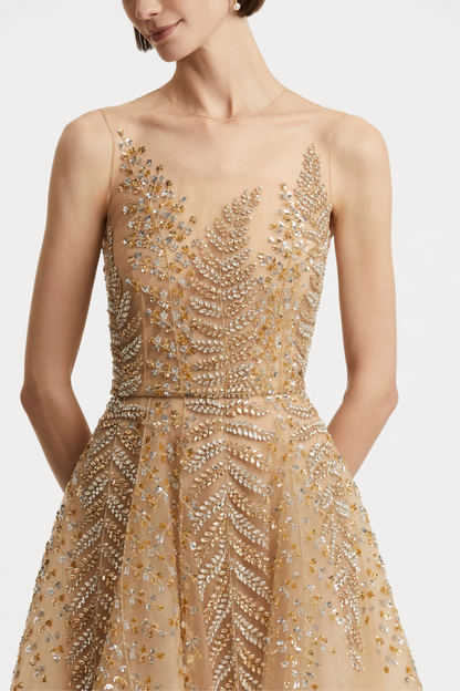 FERN EMBROIDERED ILLUSION COCKTAIL DRESS