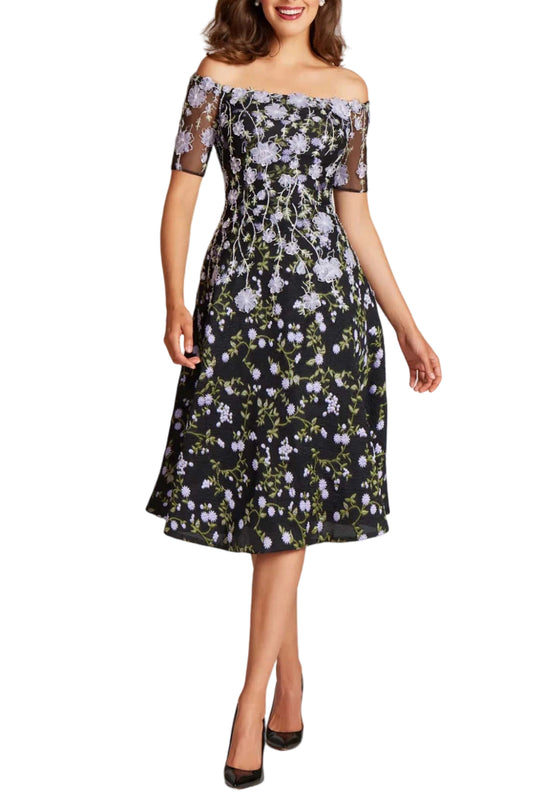 FLORAL-EMBROIDERED OFF-SHOULDER MIDI DRESS
