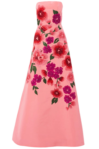 FLORAL-EMBROIDERED STRAPLESS A-LINE GOWN