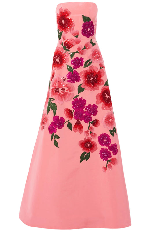 FLORAL-EMBROIDERED STRAPLESS A-LINE GOWN