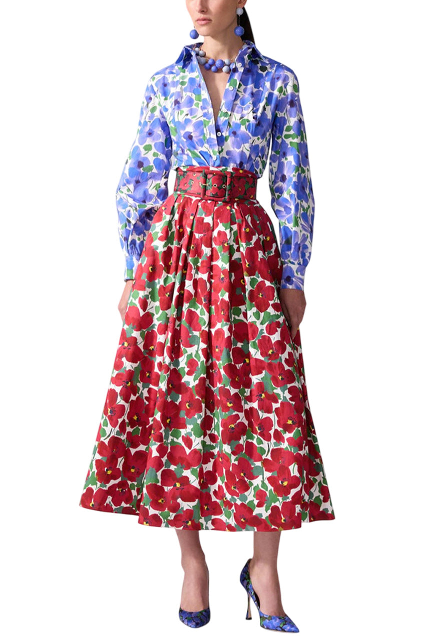 FLORAL-PRINT CUMMERBUND MIDI SKIRT
