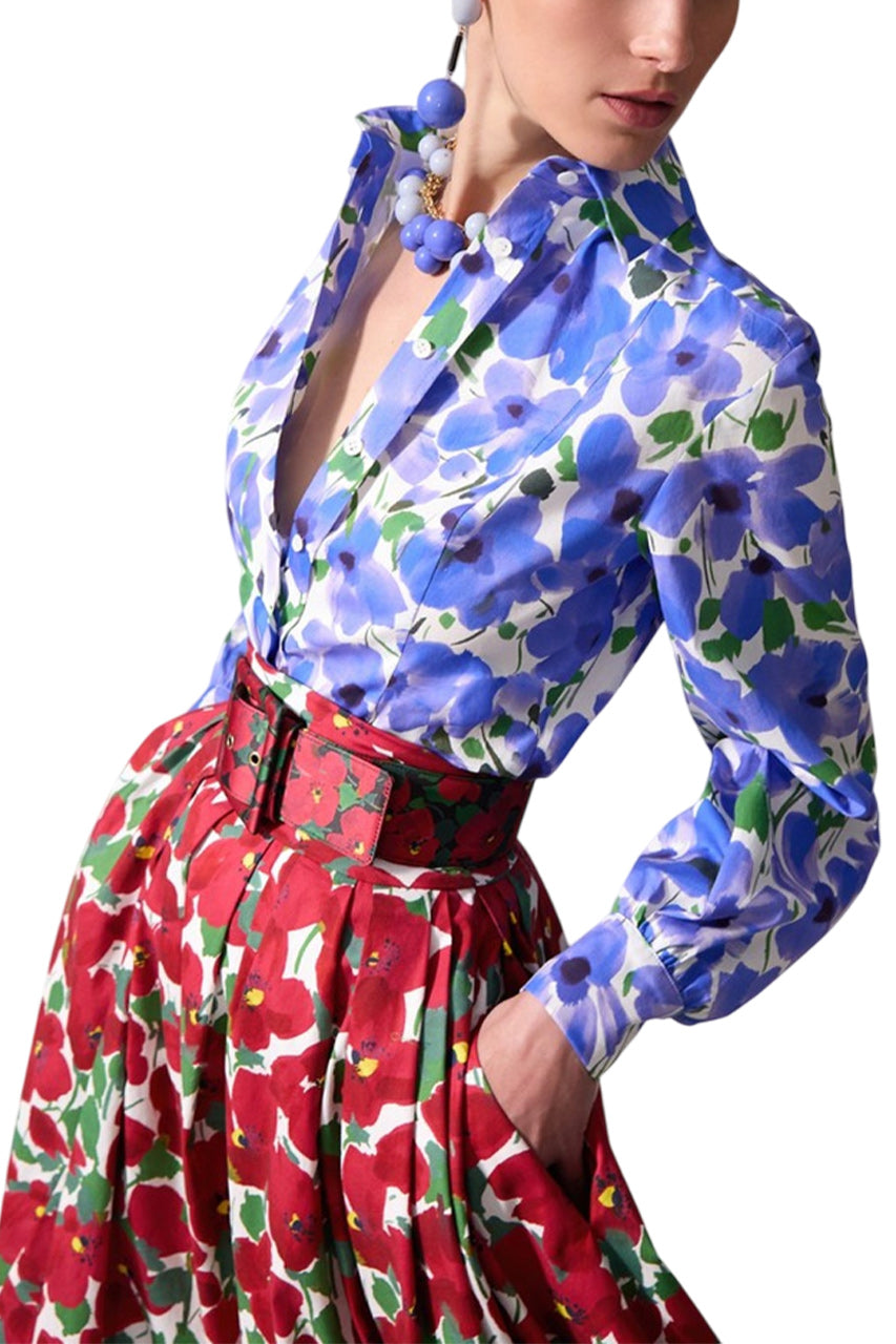 FLORAL-PRINT CUMMERBUND MIDI SKIRT