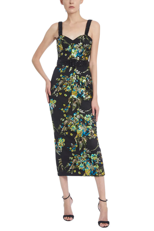 FLORAL EMBROIDERY BELTED MIDI