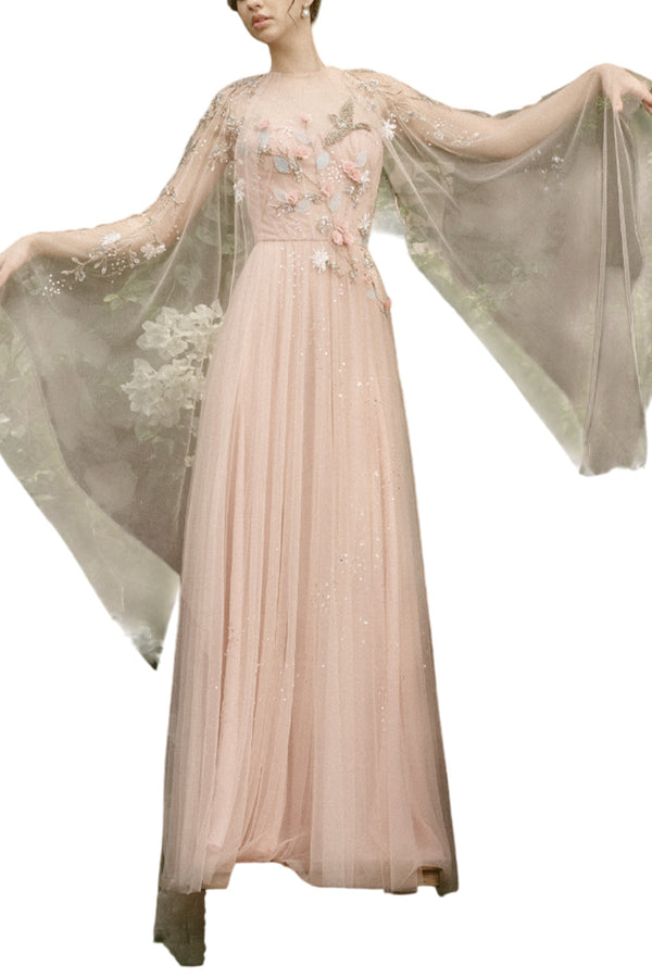 FLORAL TULLE CAPE GOWN