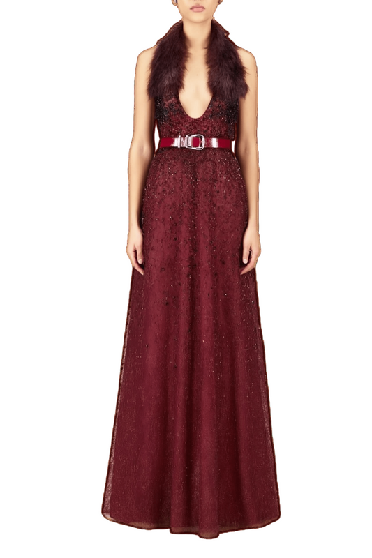 فستان ماكسي من الكريب الكريستالي مكشوف الكتفين