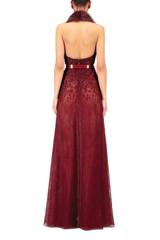 فستان ماكسي من الكريب الكريستالي مكشوف الكتفين