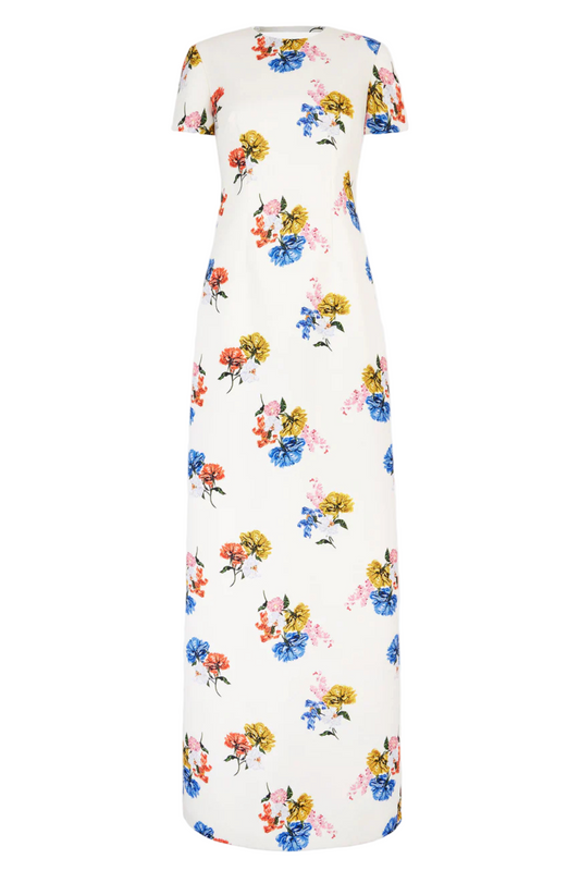 FOSETTE DRESS IN RETRO BOUQUET ON WHITE TAFFETA FAILLE