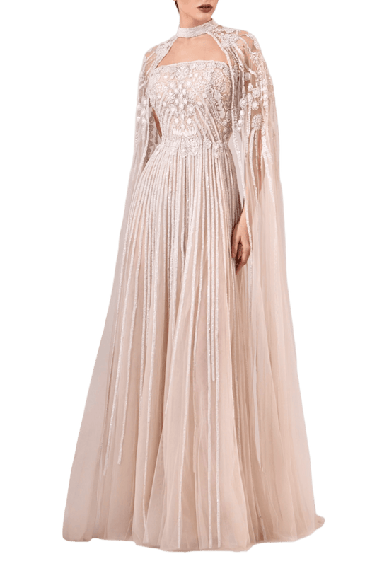FULLY EMBROIDERED STRAPLESS TULLE DRESS WITH EMBROIDERED CAPE