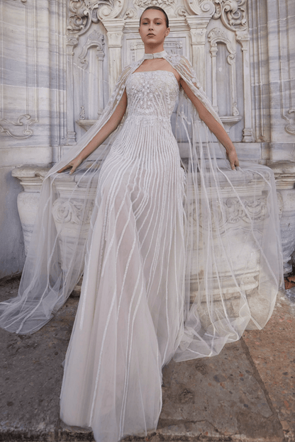 FULLY EMBROIDERED STRAPLESS TULLE DRESS WITH EMBROIDERED CAPE