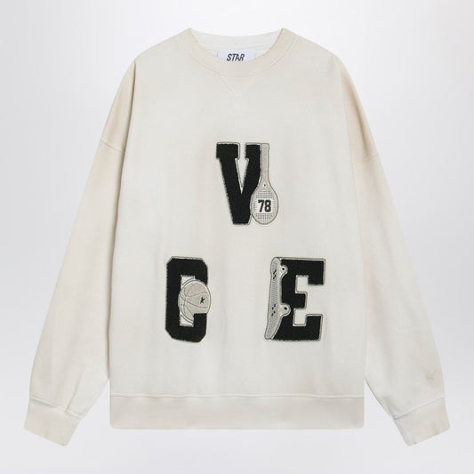 White crewneck sweatshirt with patches