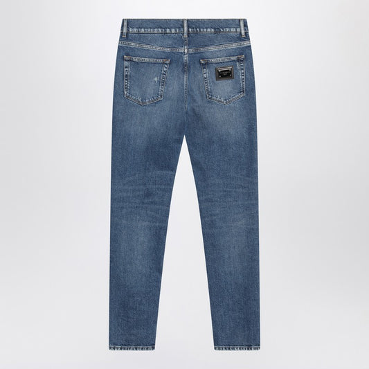 Faded-effect slim blue jeans