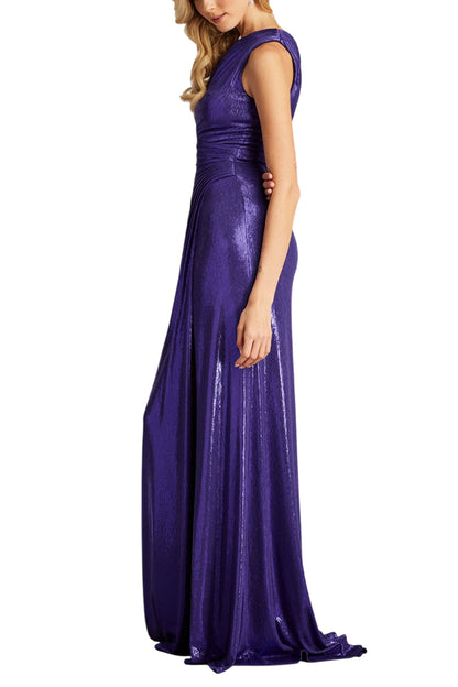 GAELIA ONE SHOULDER DRAPED METALLIC GOWN