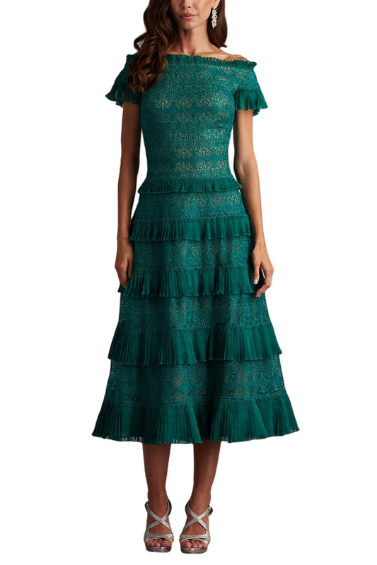 GARINA TIERED EMBROIDERED TULLE MIDI DRESS