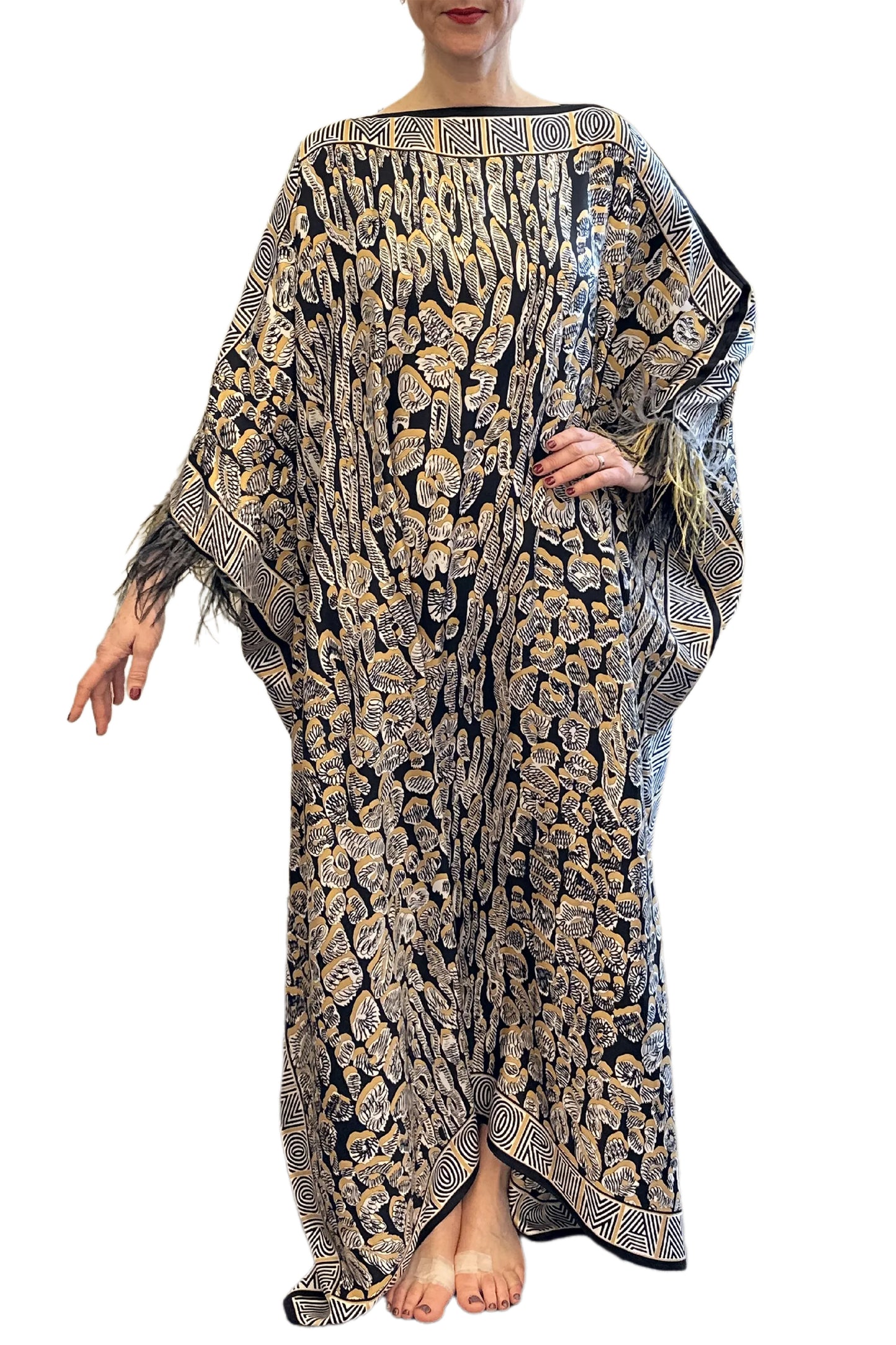 GOLD LEOPARD OF THE EAST CAFTAN WITH FEATHERED CUFFS