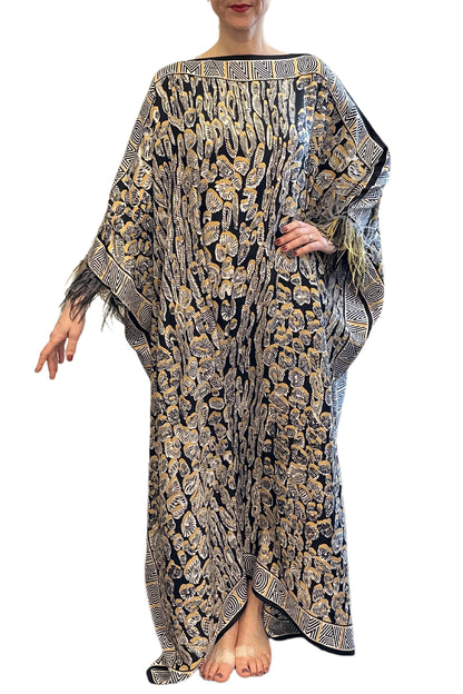 GOLD LEOPARD OF THE EAST CAFTAN WITH FEATHERED CUFFS