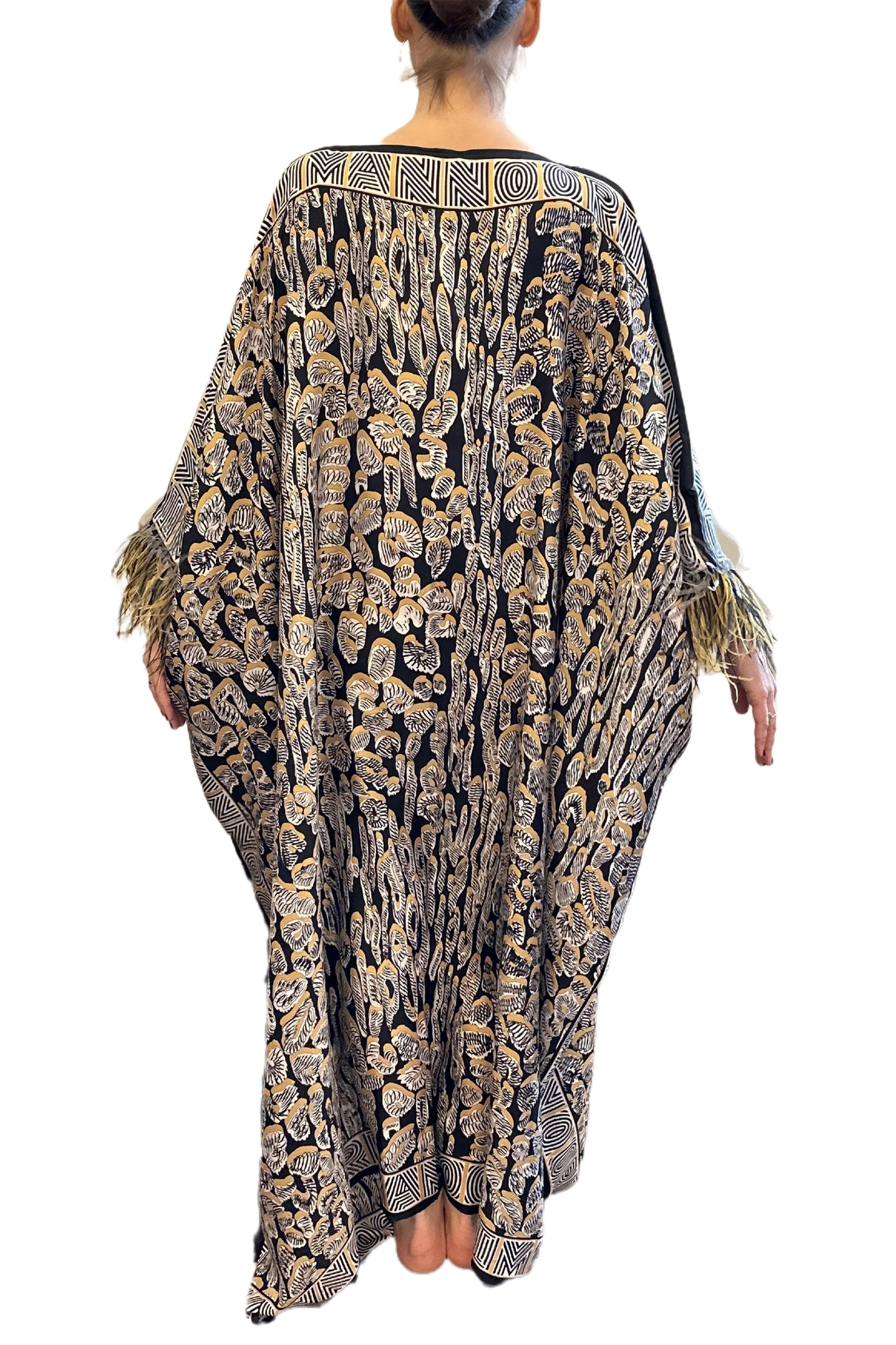 GOLD LEOPARD OF THE EAST CAFTAN WITH FEATHERED CUFFS