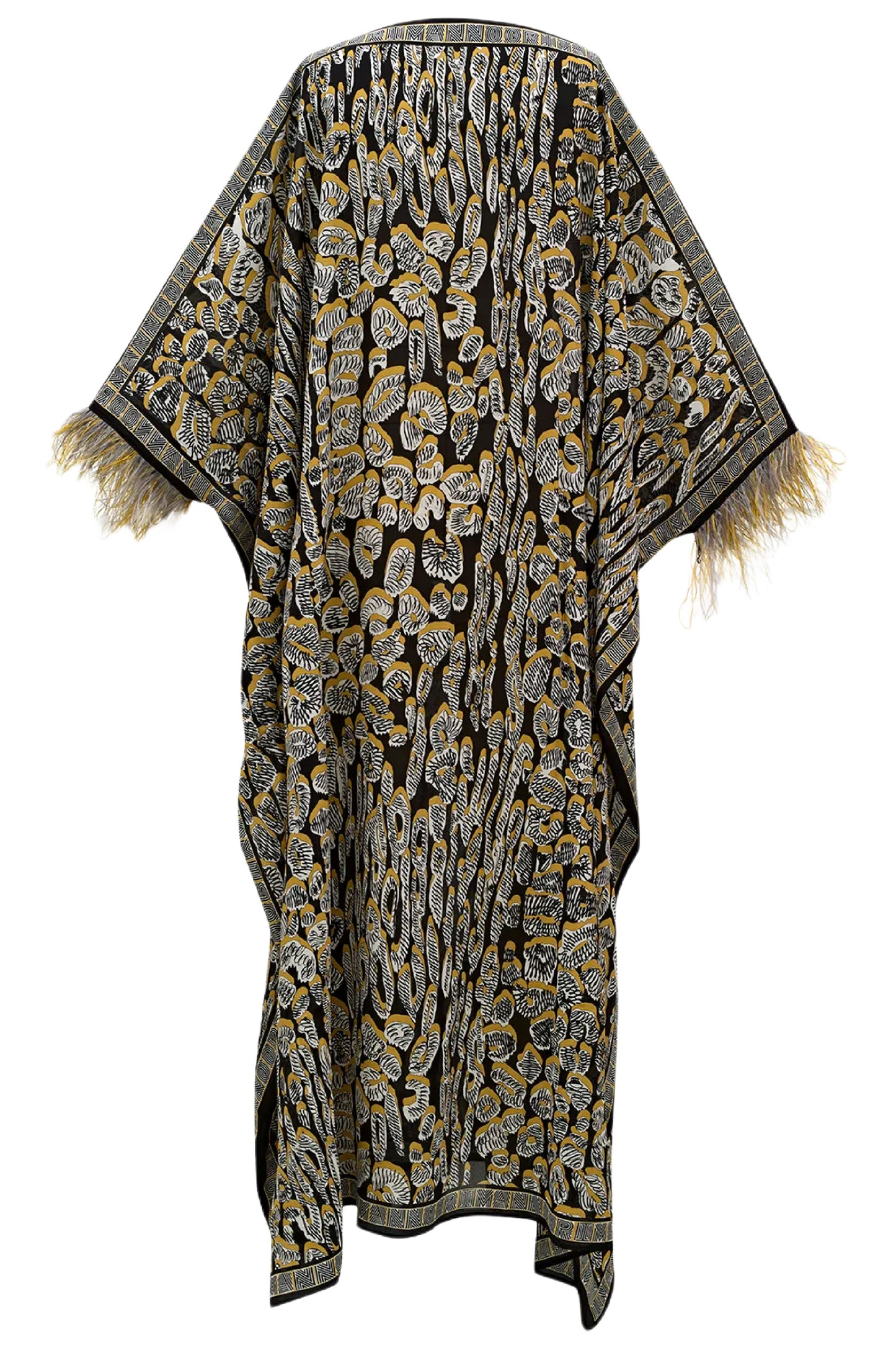 GOLD LEOPARD OF THE EAST CAFTAN WITH FEATHERED CUFFS