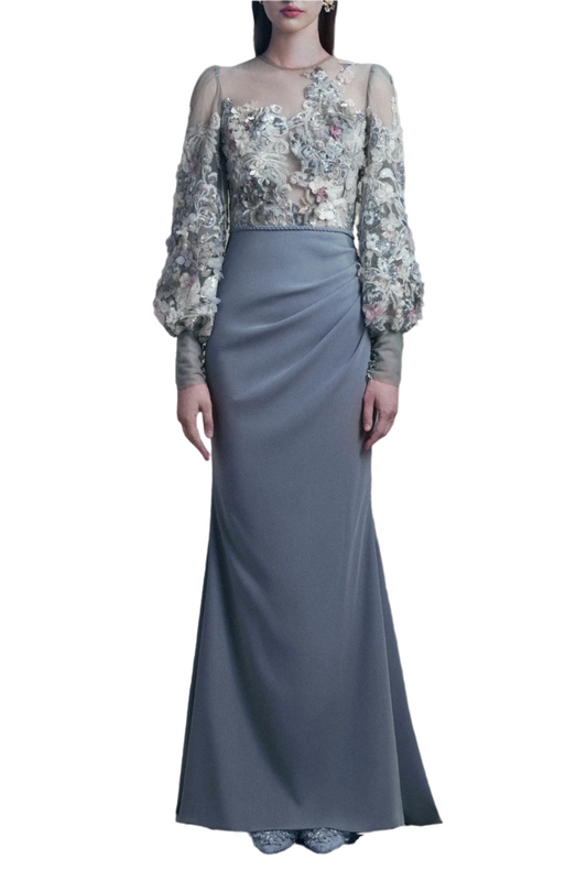 GREY FITTED DRAPES FLORAL GOWN