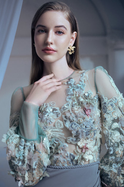 GREY FITTED DRAPES FLORAL GOWN