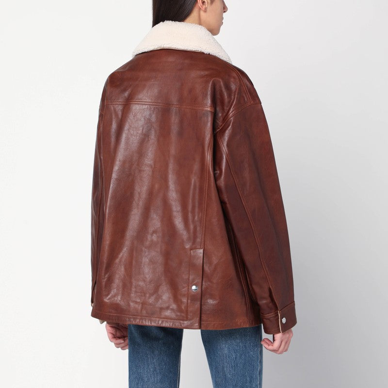 Brown leather jacket with shearling collar