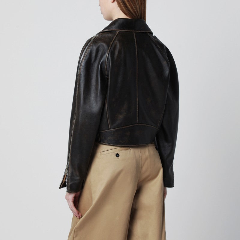 Oversized dark brown leather biker jacket